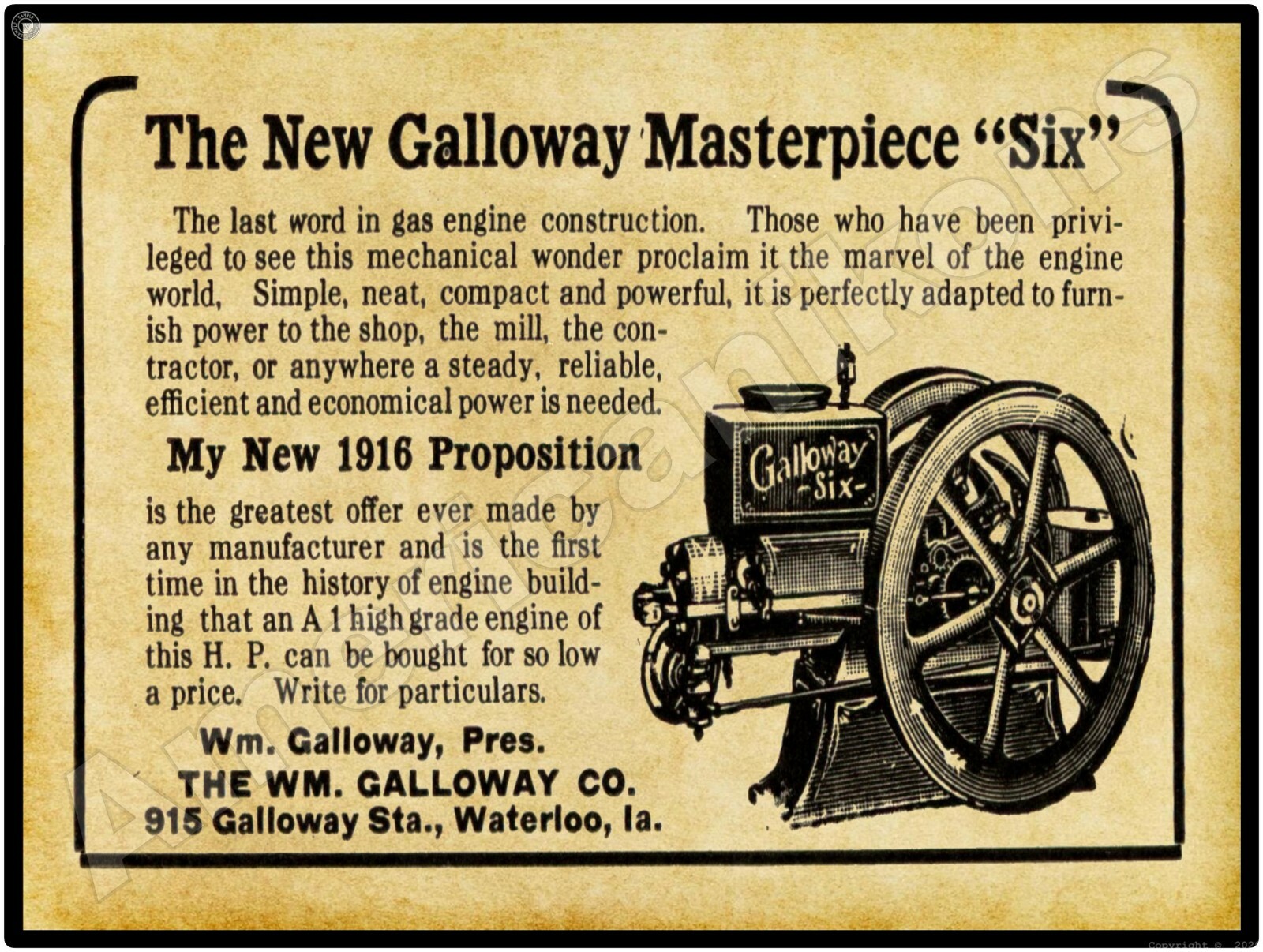 1916 Galloway 6 Gas Engine of Waterloo, Iowa New Metal Sign: Large Size