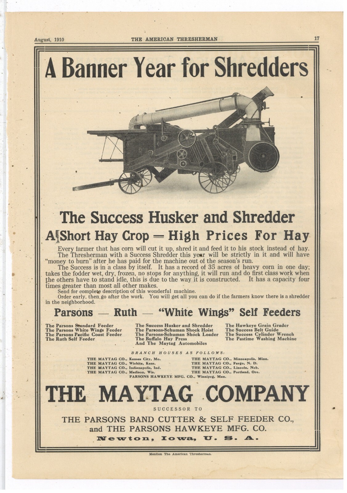 1910 Maytag Co. Ad: The SUCCESS Husker Shredder Combo – Newton, Iowa