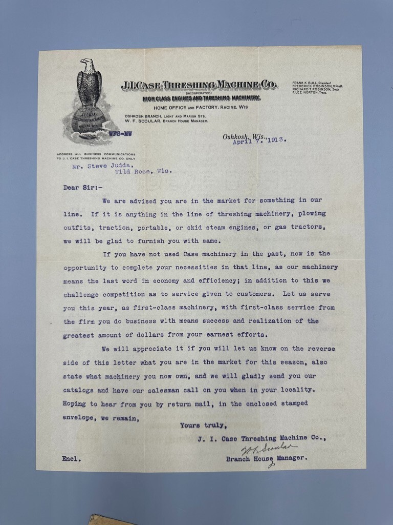 1913 JI CASE THRESHING Machine OSHKOSH WI Postal Cover Letter FARM ADVERTISING
