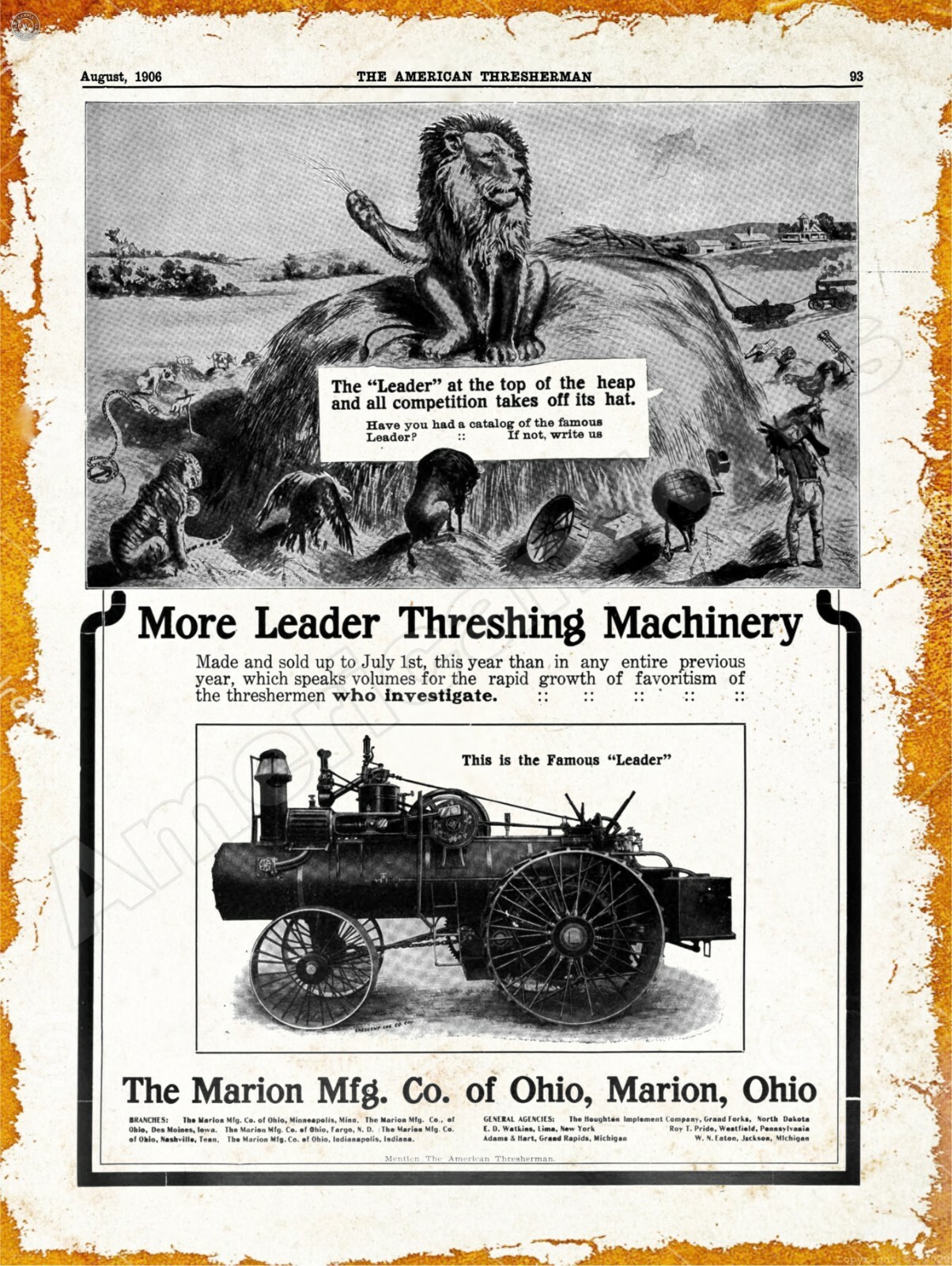1906 Marion Mfg. Co. Leader Threshing Machinery New Metal Sign: Marion, Ohio