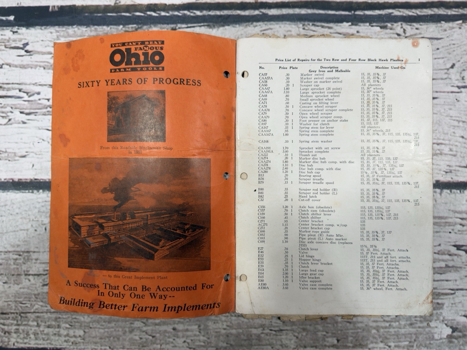 VTG Ohio Famous Black Hawk Planters Two & Four Row Repair Price List Book USA