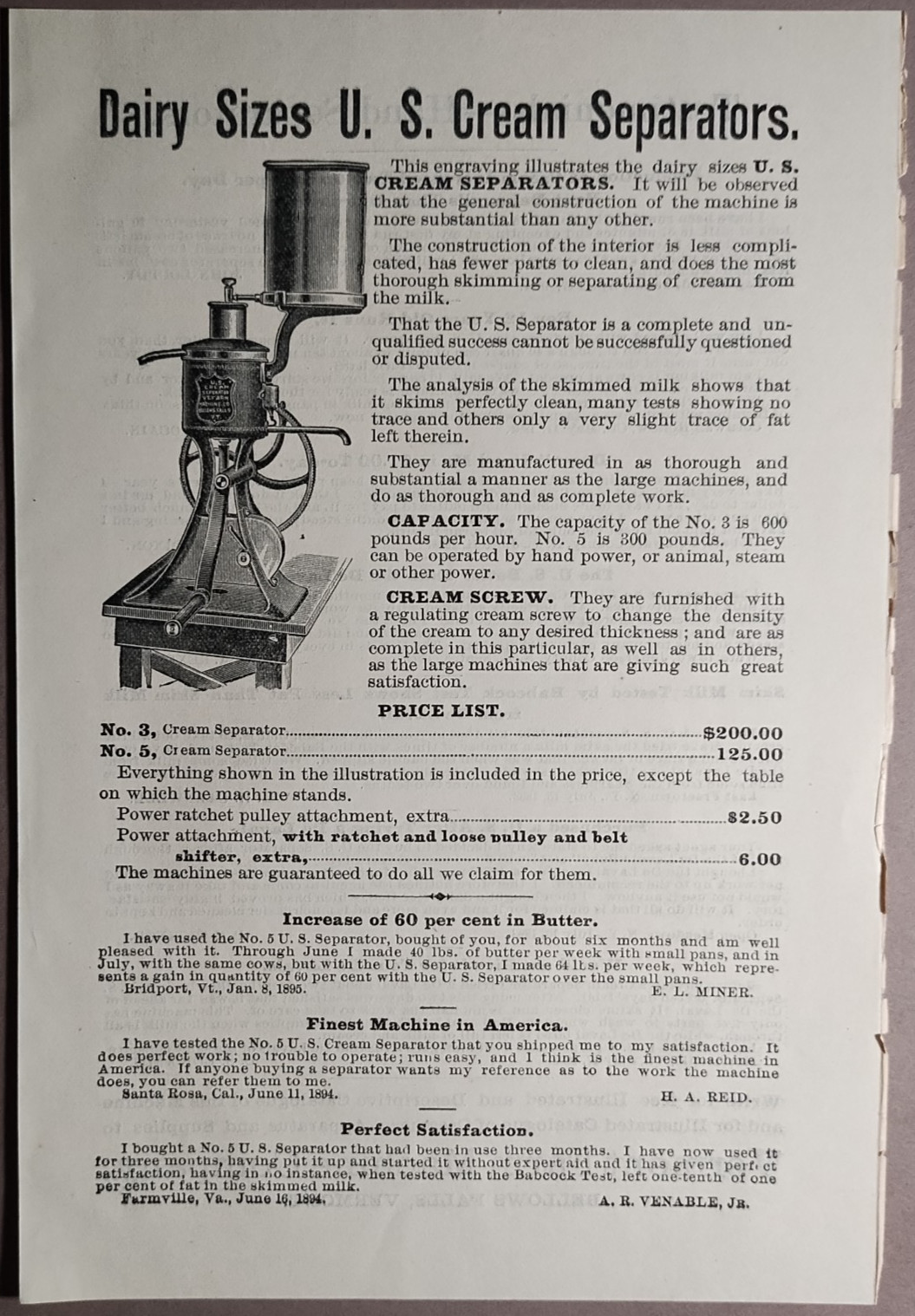1895 US Cream Separator Vermont Farm Machine Co Catalog #96 Original ++ B6-30