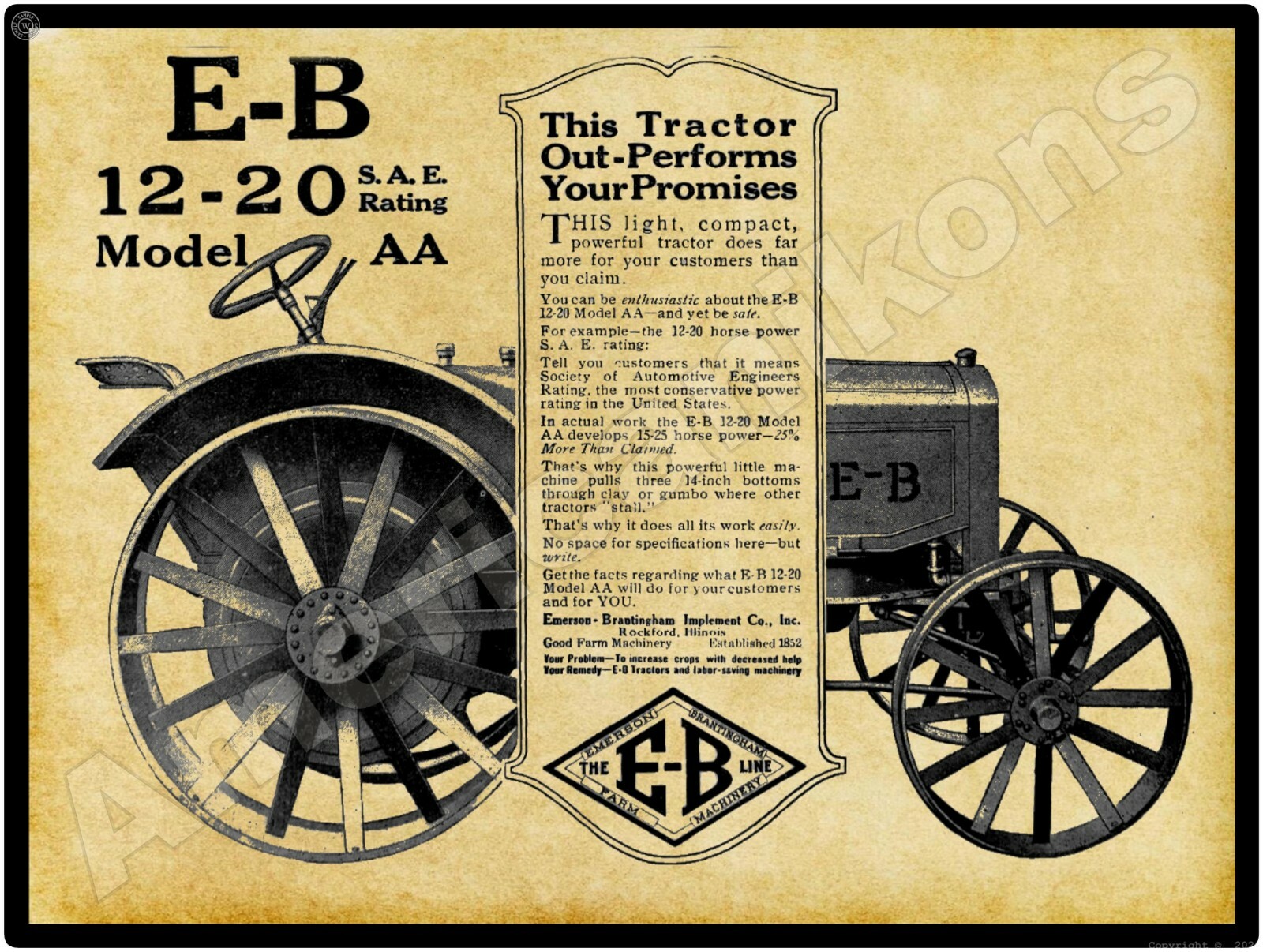 1921 Emerson Brantingham Tractors NEW Metal Sign: 12-20 Model AA – Rockford, IL