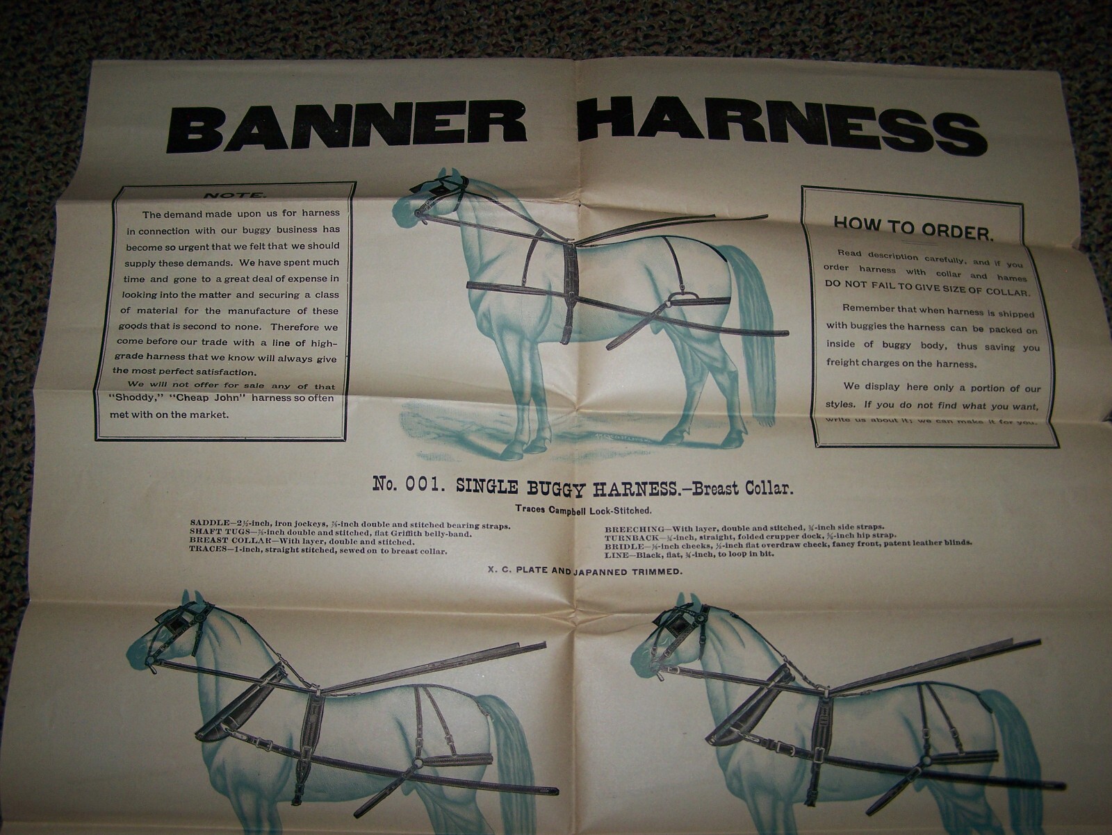 BANNER HARNESS Horse Farm Implement Sales POSTER Horse Drawn Implement Buggy WOW