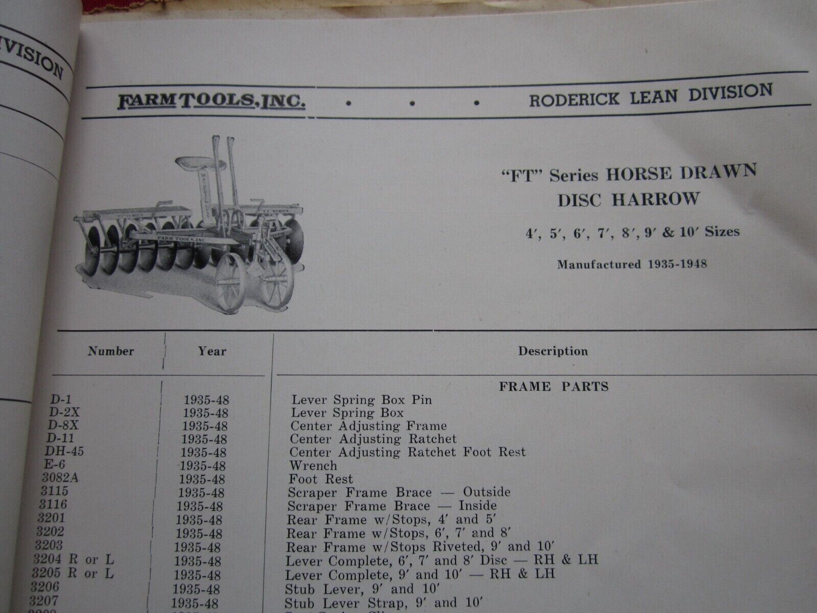 1952 FARM TOOLS, INC HORSE DRAWN FARM IMPLEMENTS 70+ PAGE PARTS CATALOG MANUAL