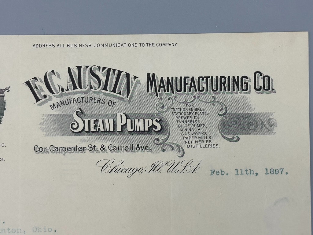 1897 F C AUSTIN STEAM PUMPS Antique Advertising Letter Farm Brewery Mining