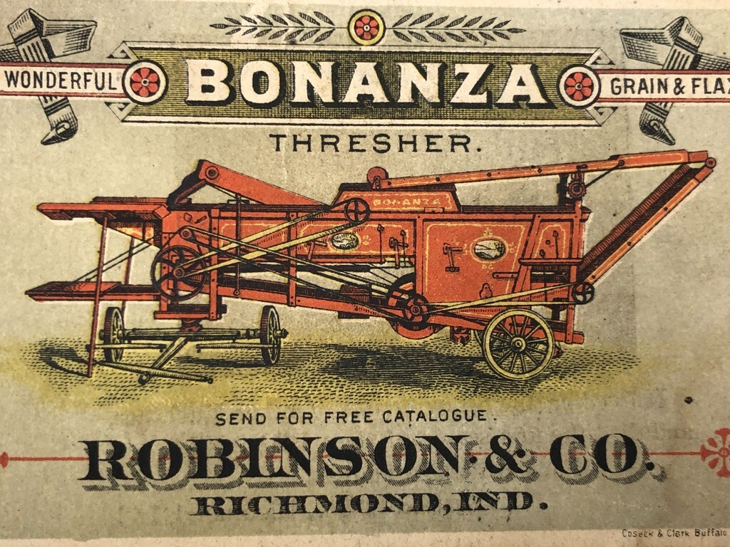 1880s BONANZA THRESHER Victorian FARM Advertising Trade Card RICHMOND INDIANA