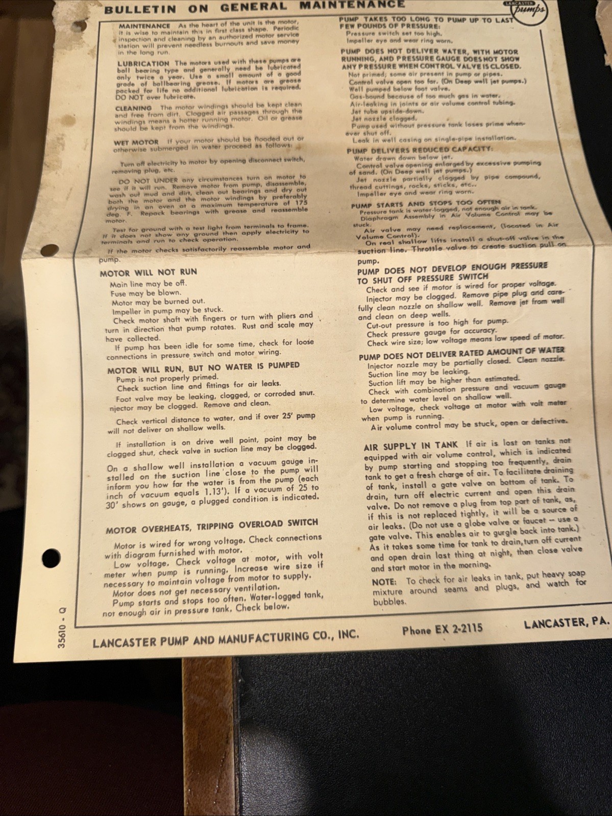 Lancaster Motor Jet Type P for Deep Wells Parts List Installation Instructions