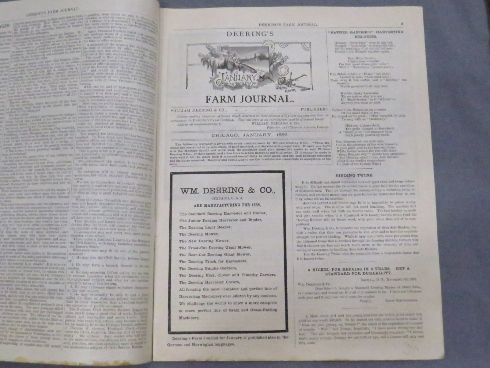 Vintage 1886 DEERING IHC Farm Journal Magazine 16 pages Binder Reaper IH Early!