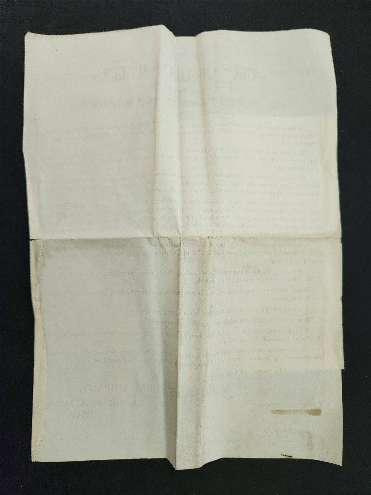 1800s antique THE AMERICAN SCREEN CO brookline ma AD LETTER j koch gen mgr