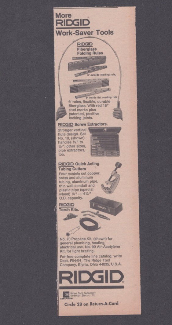1974 Print Ad Ridgid Ridge Tool Subsidary Emerson Electric Co Work Saver Tools
