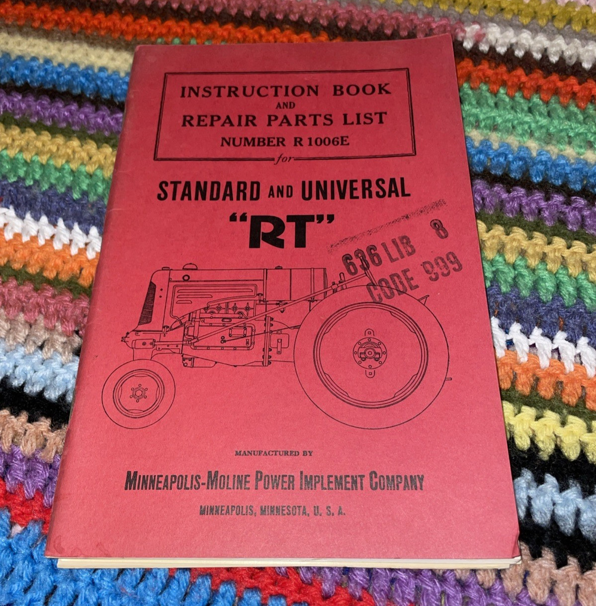 Minneapolis-Moline RT Tractor Instruction Repair Parts Book R1006E 1940s Rare