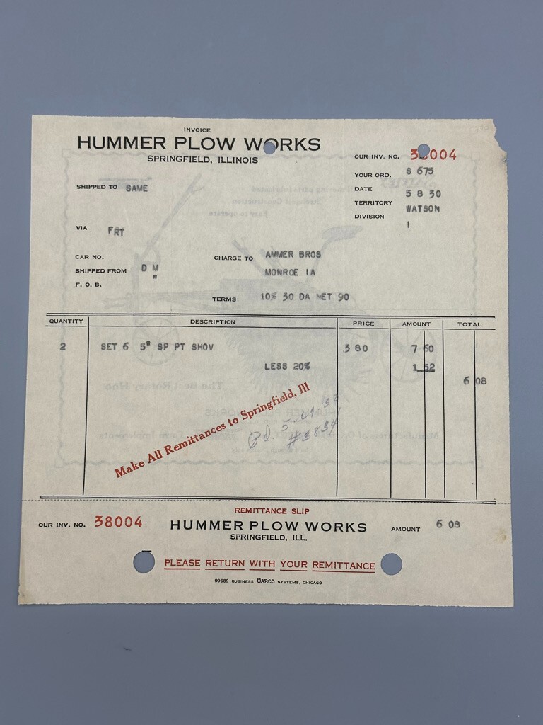 1930 HUMMER PLOW WORKS Farm Machinery Advertising Billhead SPRINGFIELD IL