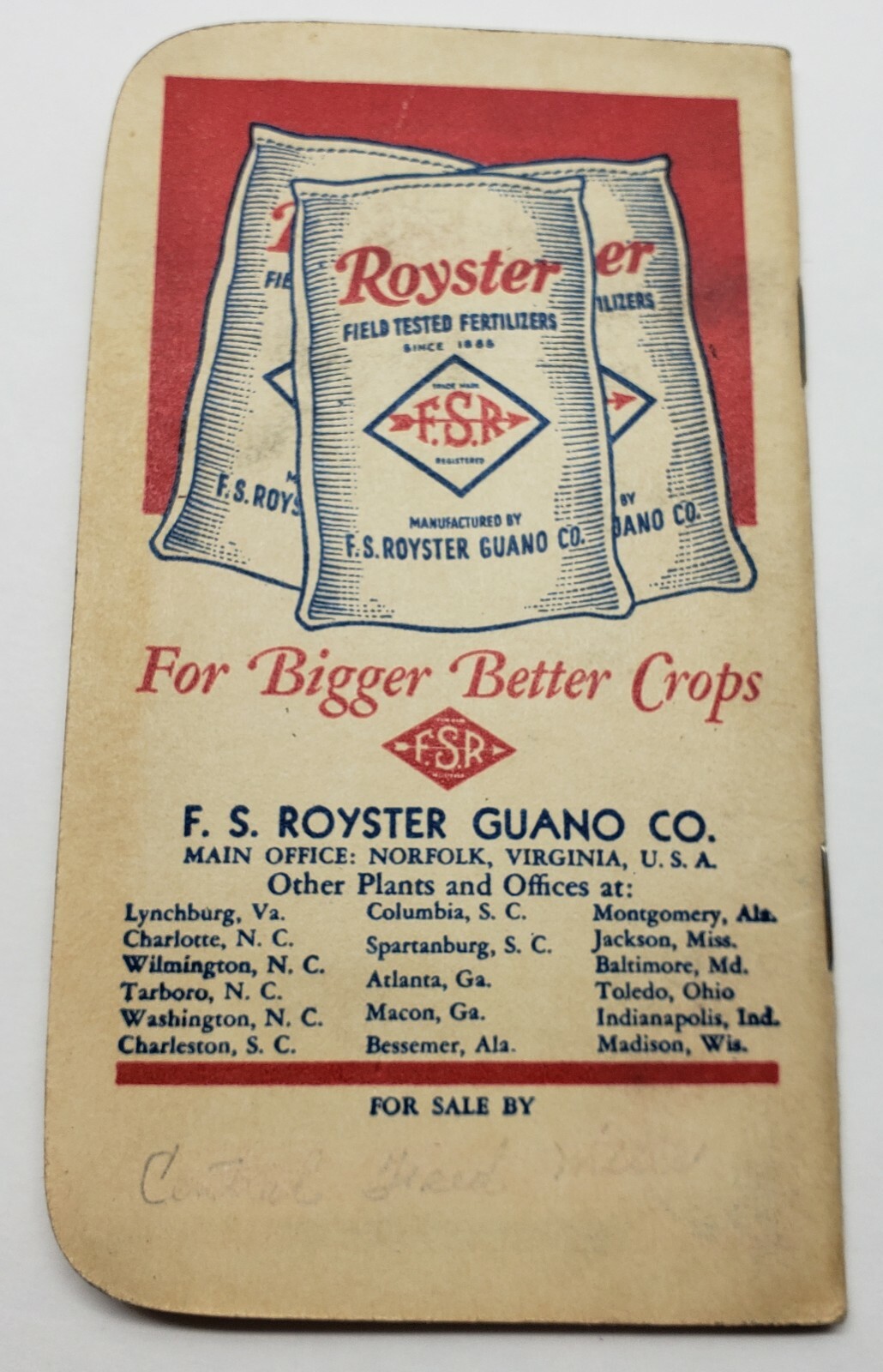VINTAGE 1949 ROYSTER FERTILIZER NOTE PAD GUANO CO. TOLEDO OHIO INDIANAPOLIS IN.