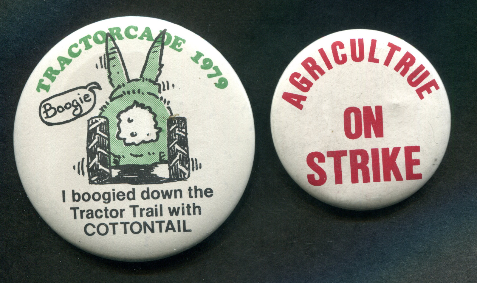 1979 Tractorcade & Agriculture on Strike, 2 Pinback Buttons, Anti-Carter