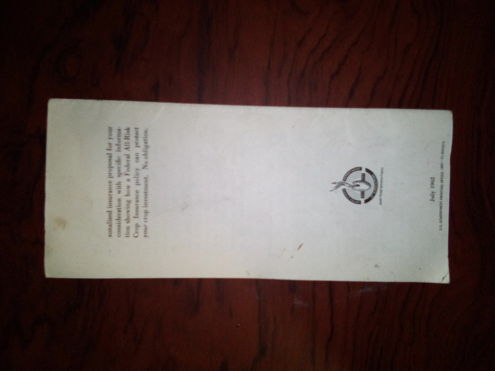 1962 United States Department Of Agriculture Federal Crop Insurance Pamphlet