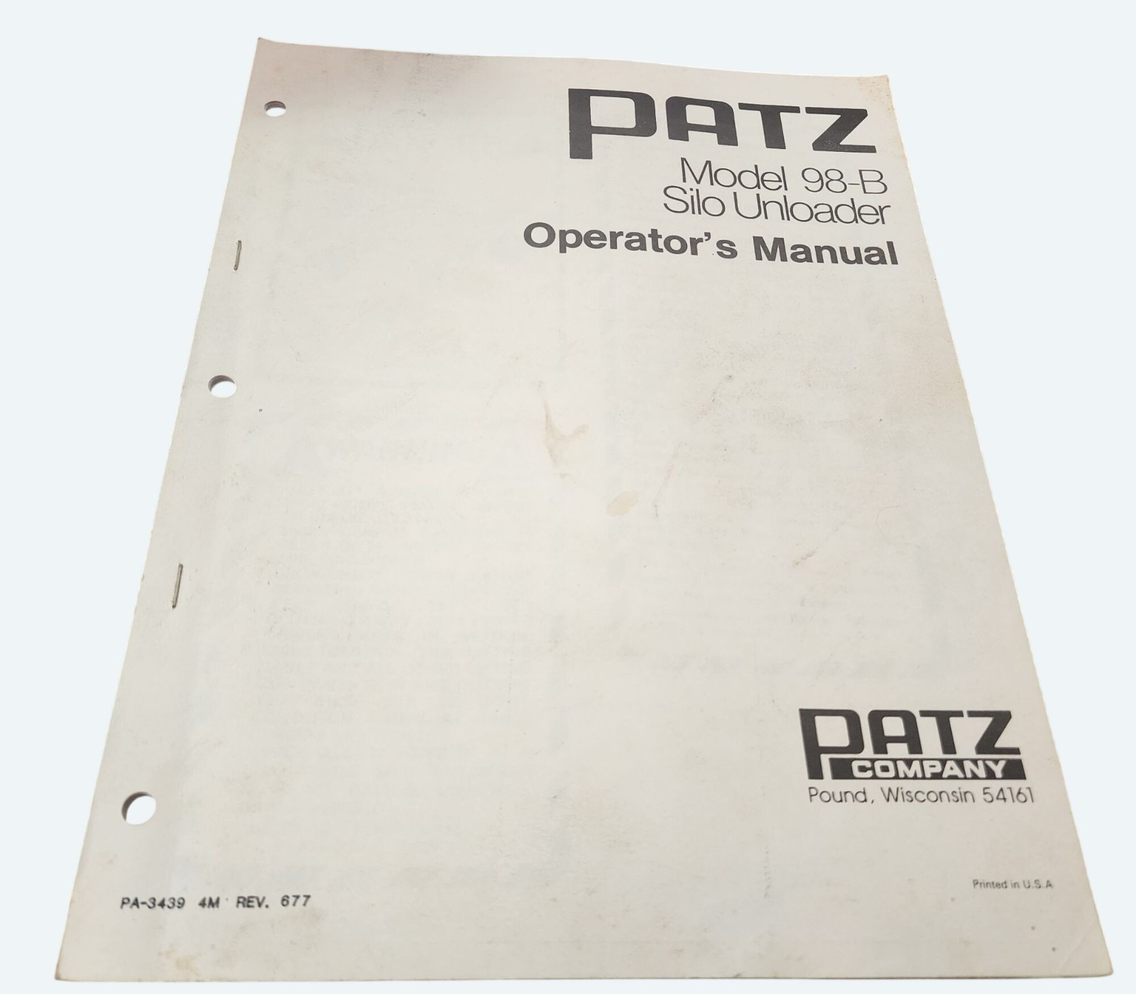 Vtg Patz Model 98-B Silo Unloader Operators Manual Instructions & Diagrams