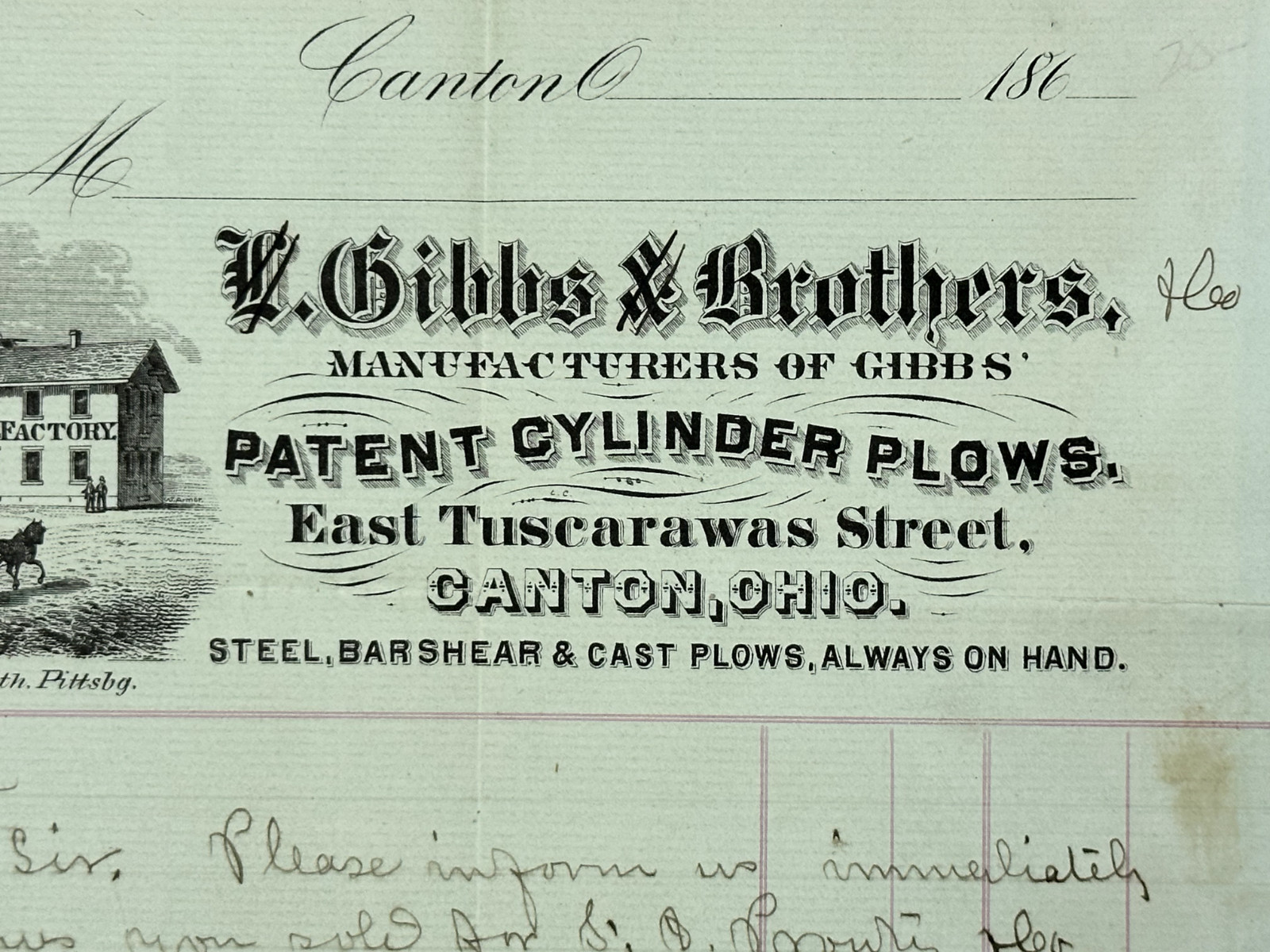 1866 Bucher GIBBS BROTHERS PLOWS Farm Advertising Letterhead CANTON OHIO Antique