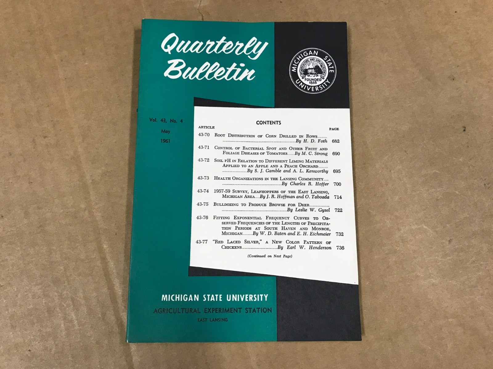 VTG Michigan State Agriculture Quarterly Bulletin – Vol. 43 No.4 – May 1961