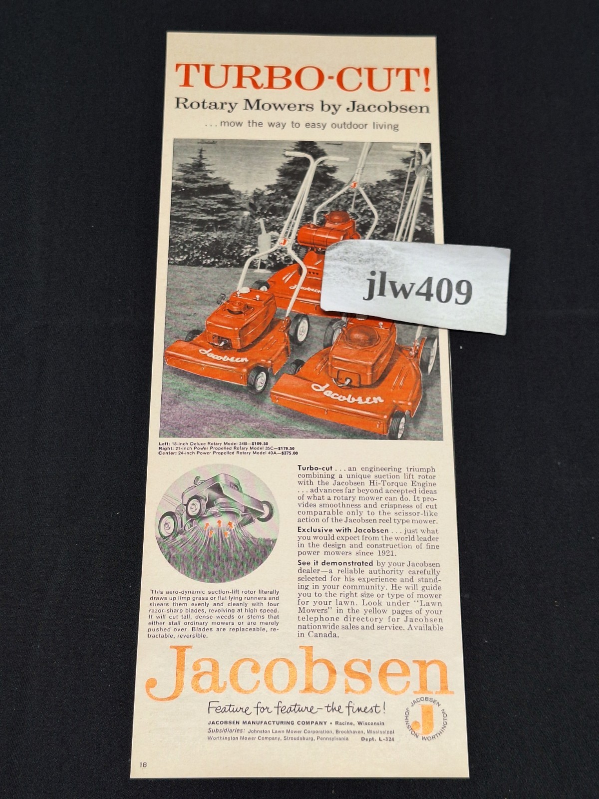 1958 JACOBSEN LAWN MOWER Original Print Ad Magazine