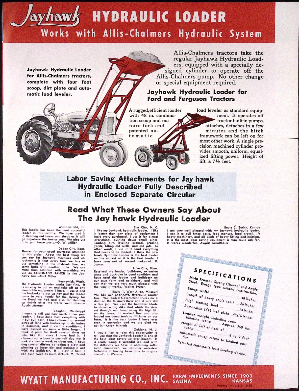1953 Jayhawk Hydraulic Loader Dealer Brochure Wyatt Manufacturing Salina KS