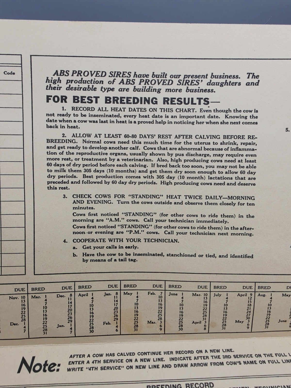 Rare 1957 American Breeders Service Folder Cow Breeding Schedule Advert Filled