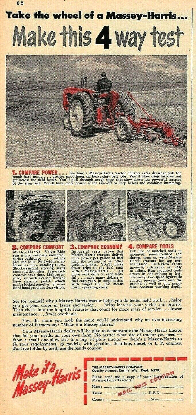 1952 MASSEY-HARRIS FARM TRACTOR AD ~ RACINE, WISC.