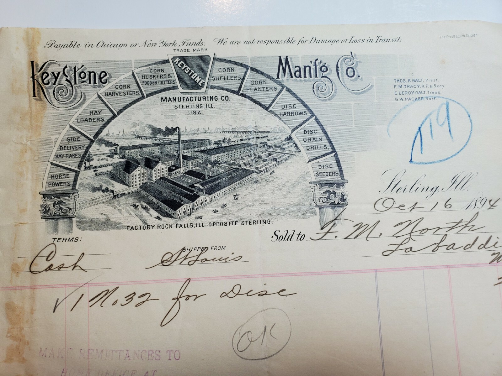 FARM IMPLEMENTS LETTERHEAD BILLHEAD 1894. KEYSTONE MANUFACTURING CO