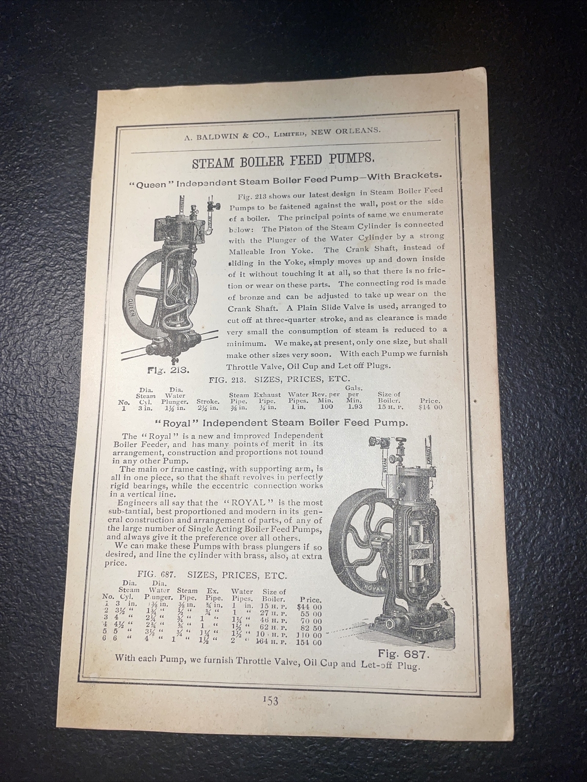 1891 Baldwin – Goulds Steam Boiler Feed Pump – Farm Advertising – New Orleans