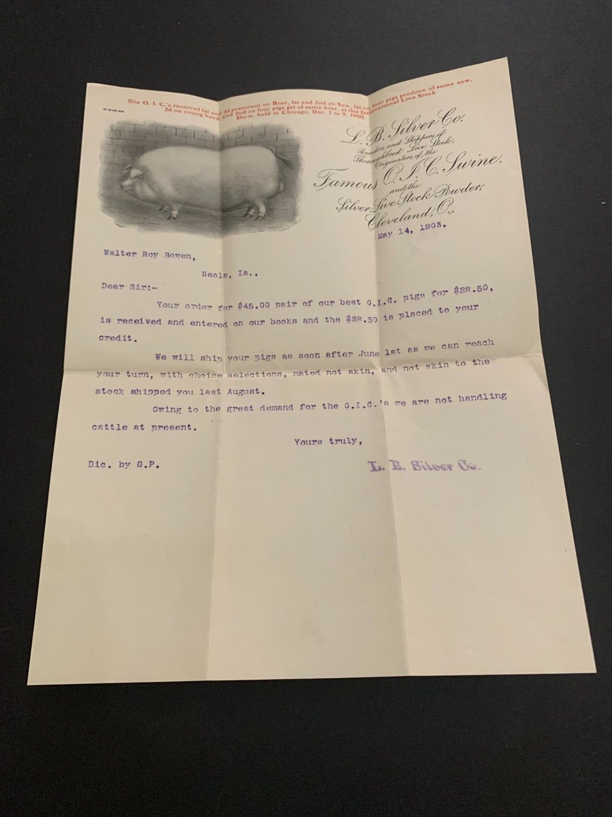 May 14 1903 L.B. Silver Famous O.I.C. Swine Letterhead Cleveland Ohio