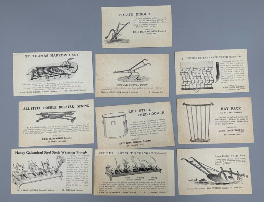 c 1900 ERIE IRON WORKS Cattle HOG TROUGH Hay Rack PLOW Farm Advertise Trade Card