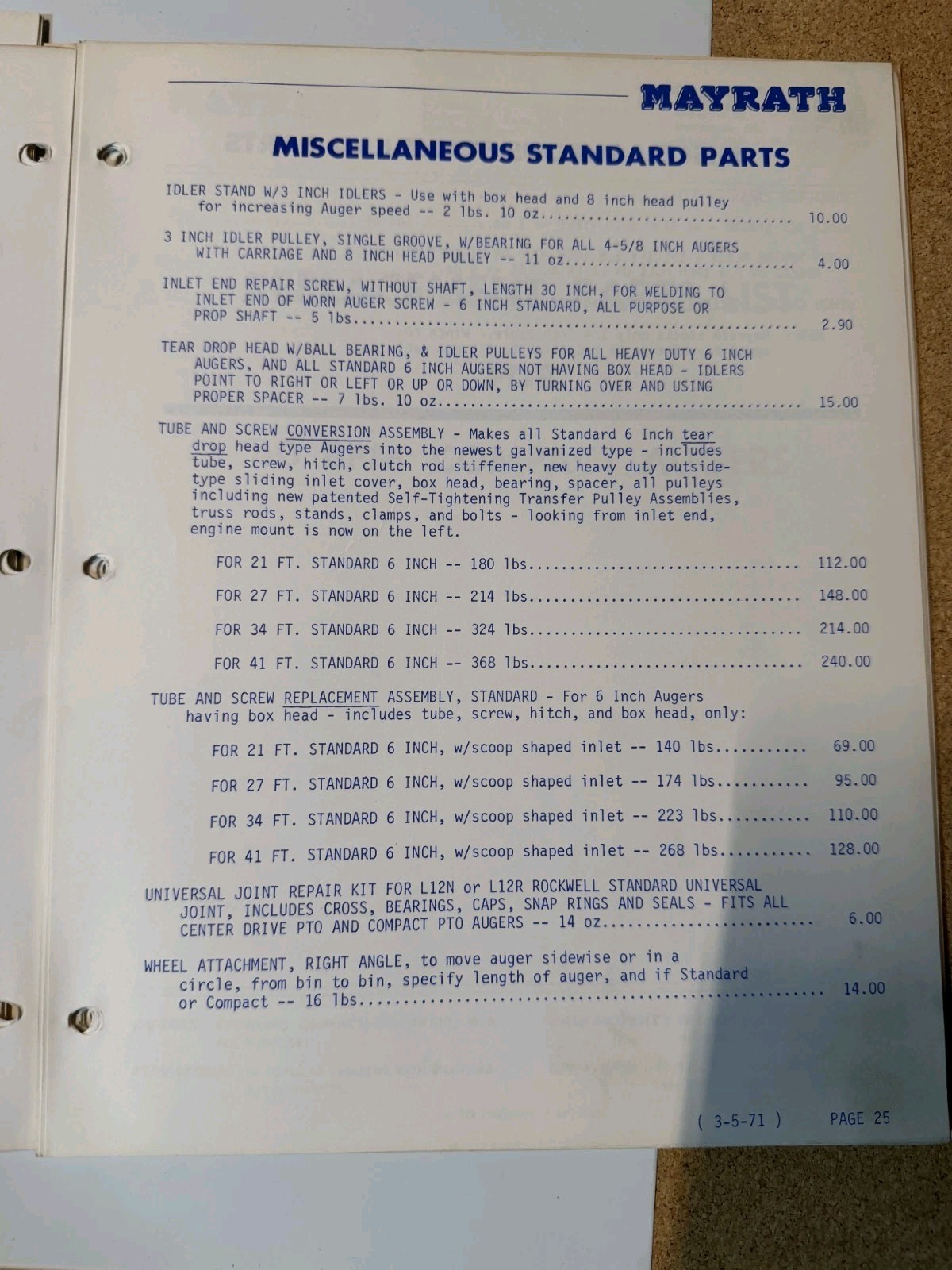 1971 Mayrath Industries Inc Replacement Parts List Folder DEALER SALES CATALOG