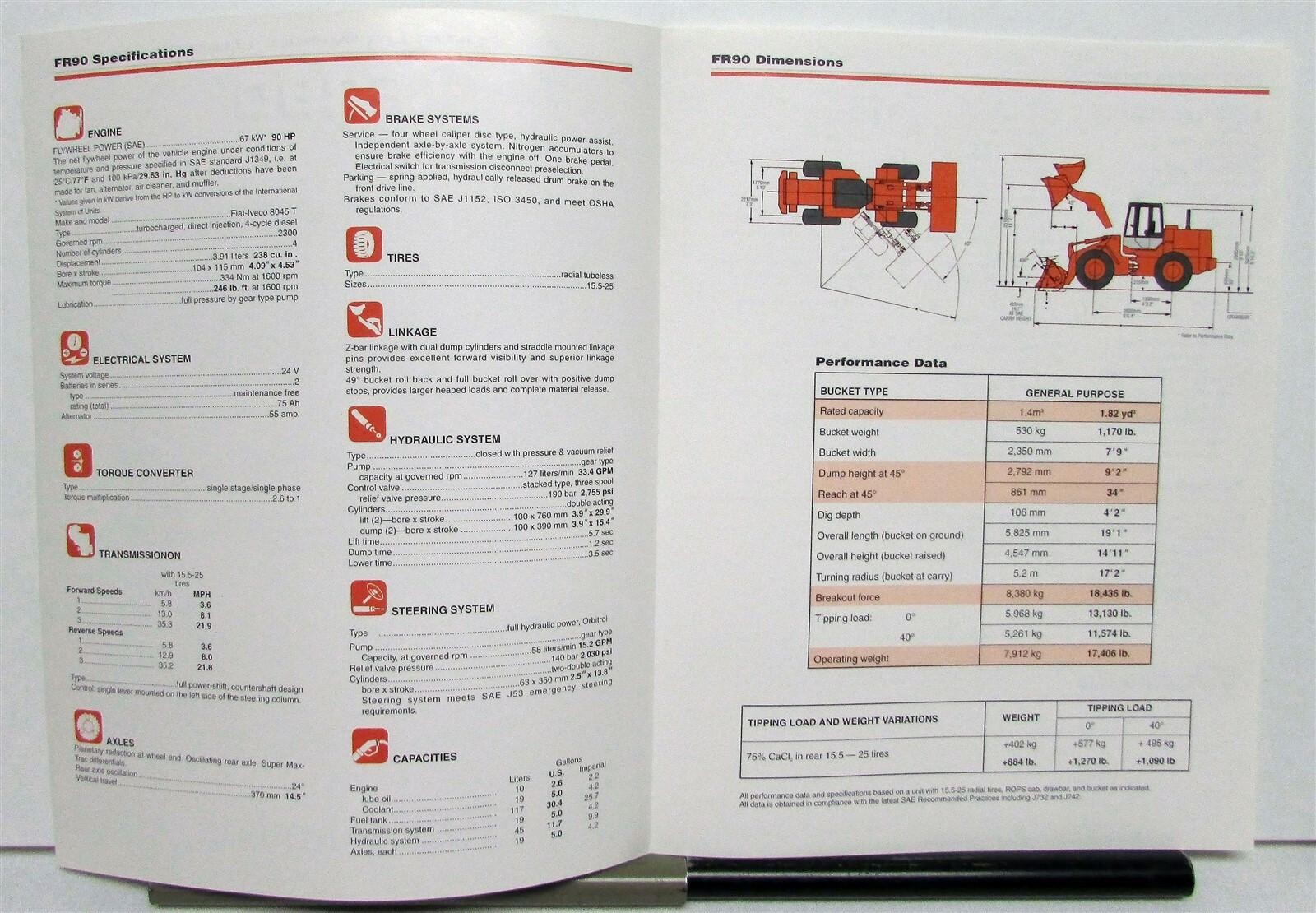 1995 Fiat Allis FR90 Wheel Loader Specifications Construction Sale Brochure