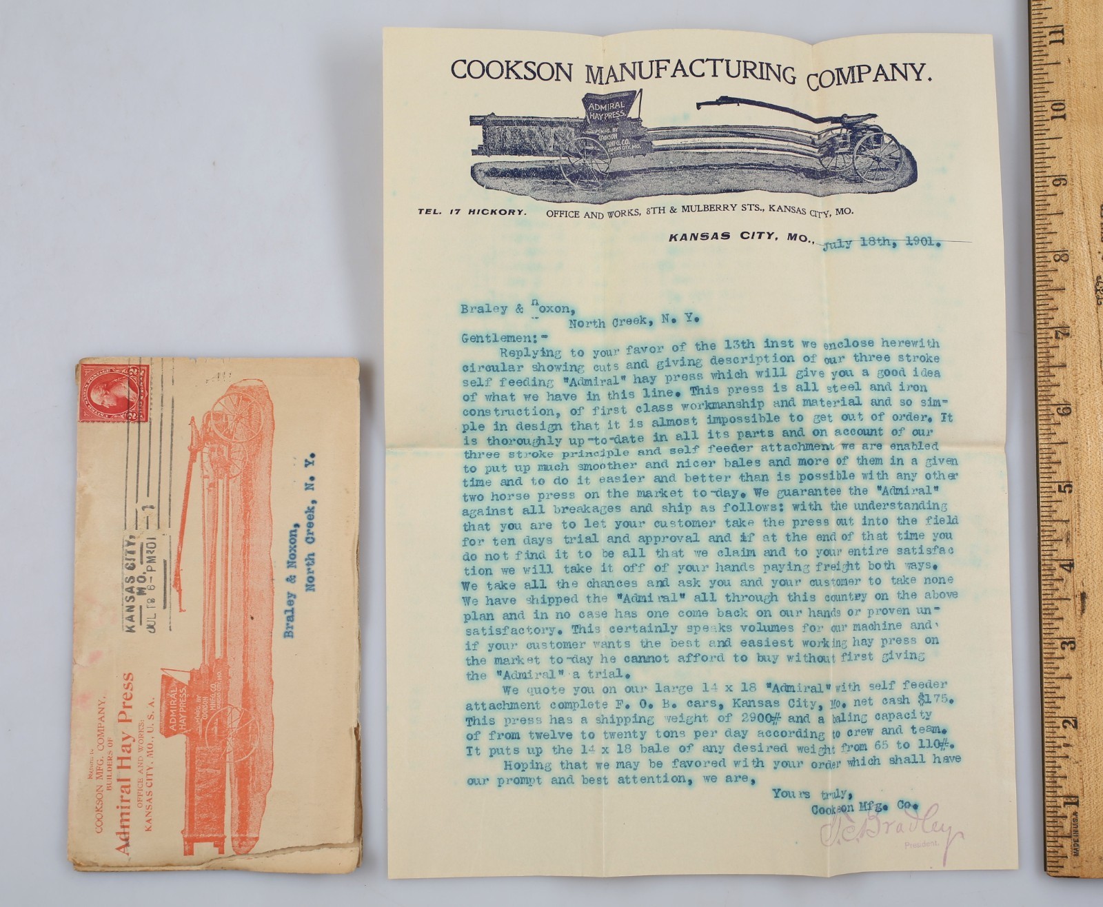 Vintage 1901 Cookson Mfg. Co. Admiral Hay Press Letterhead & Cover Kansas City