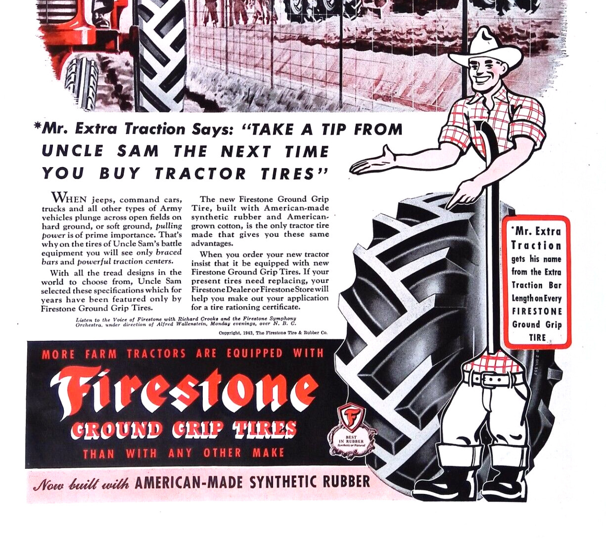 Firestone Tractor Tires 1943 Print Ad Tires for Your Farm Vehicles 10.5×13.5