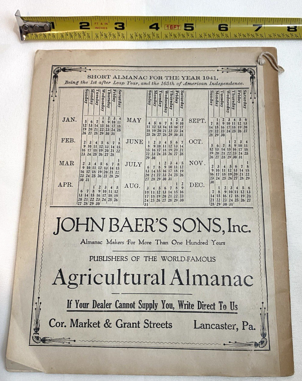 Vintage 1941 John Baers Sons AGRICULTURAL ALMANAC Lancaster PA FARMERS