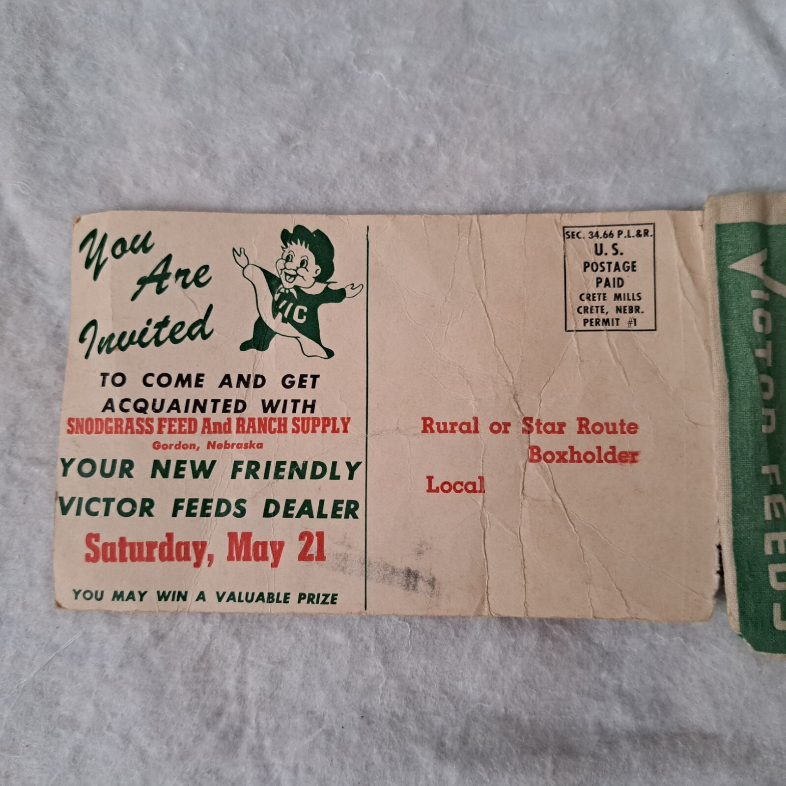 SNODGRASS FEED & RANCH SUPPLY Gordon, Nebraska VICTOR FEEDS DEALER Bag Postcard