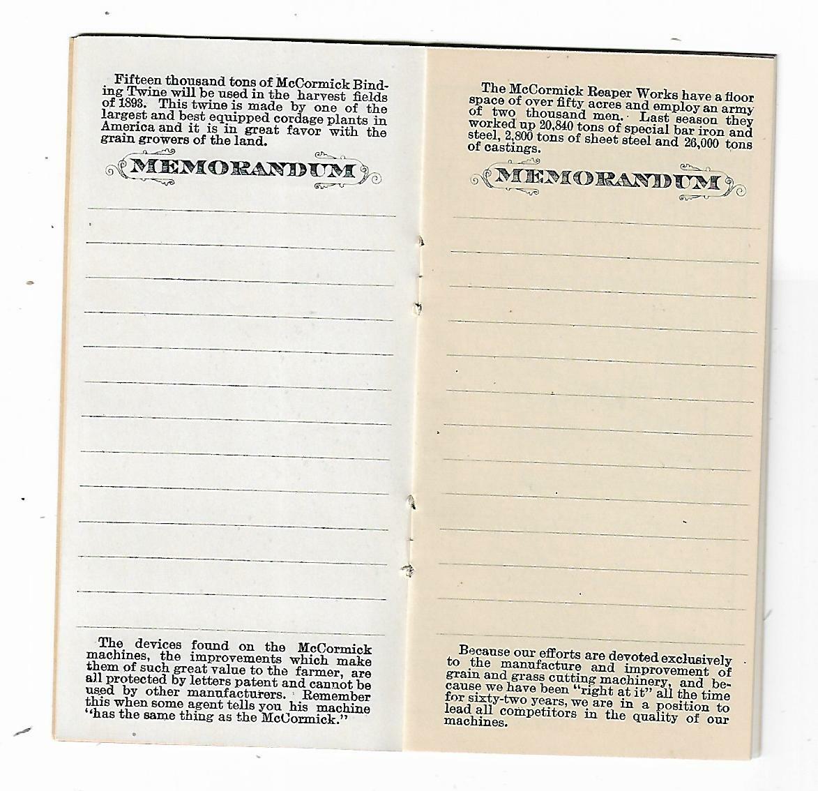 Old Calendar & Memo Book McCormick Harvesting Machine Co Chicago IL Factory View
