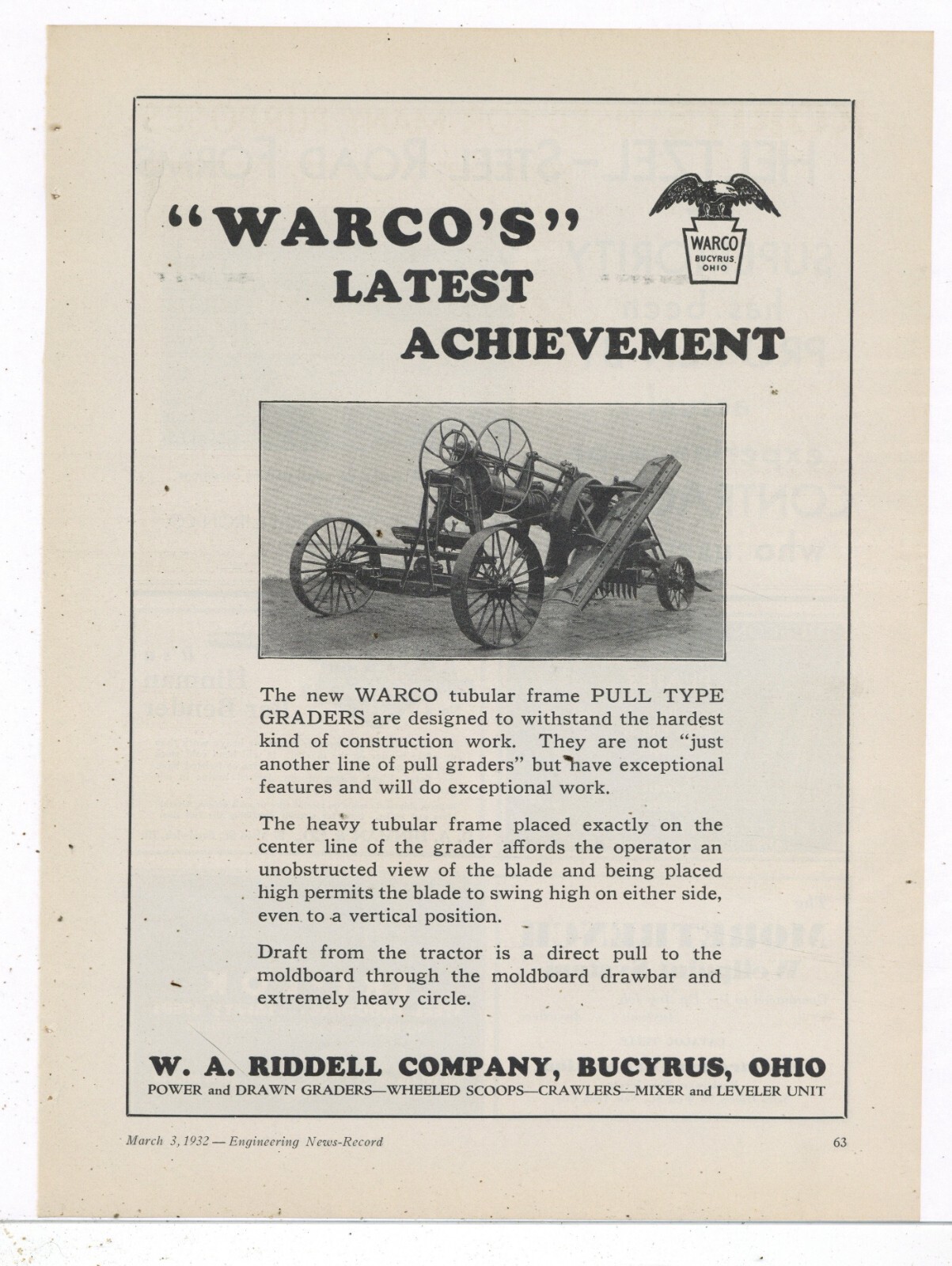 1932 W.A. Riddell Co. Ad: WARCO Pull Type Road Grader – Bucyrus, OhiO