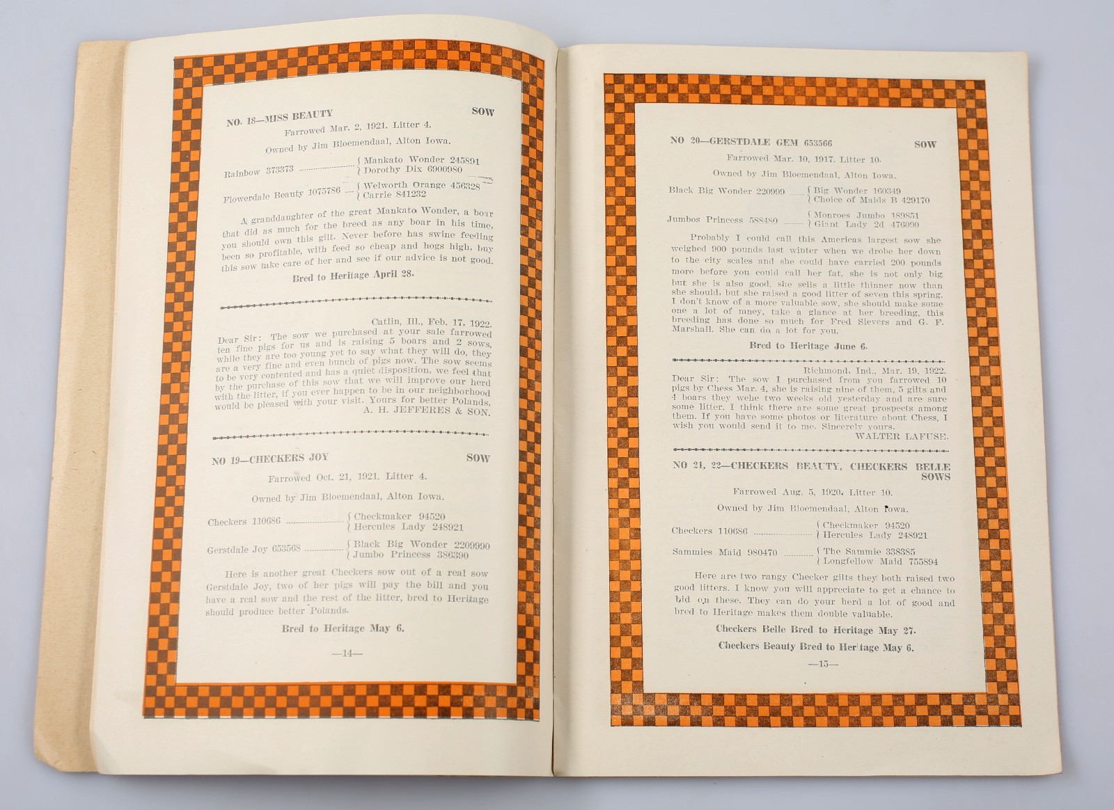 Vintage 1922 Heritage and Chess Poland China&rsquo;s Sow Hog Sale Program Alton Iowa