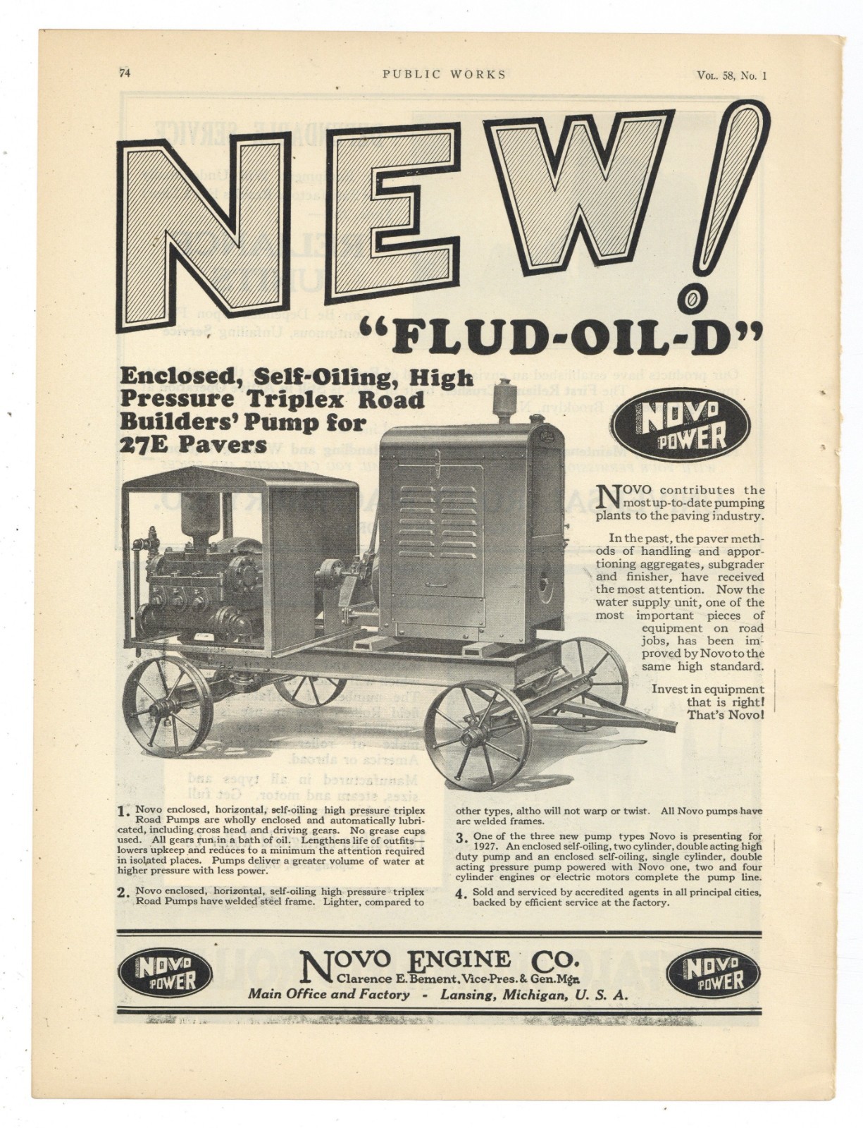 1927 Novo Engine Co. of Lansing Michigan Ad: FLUD OIL D Pump for 27-E Paver