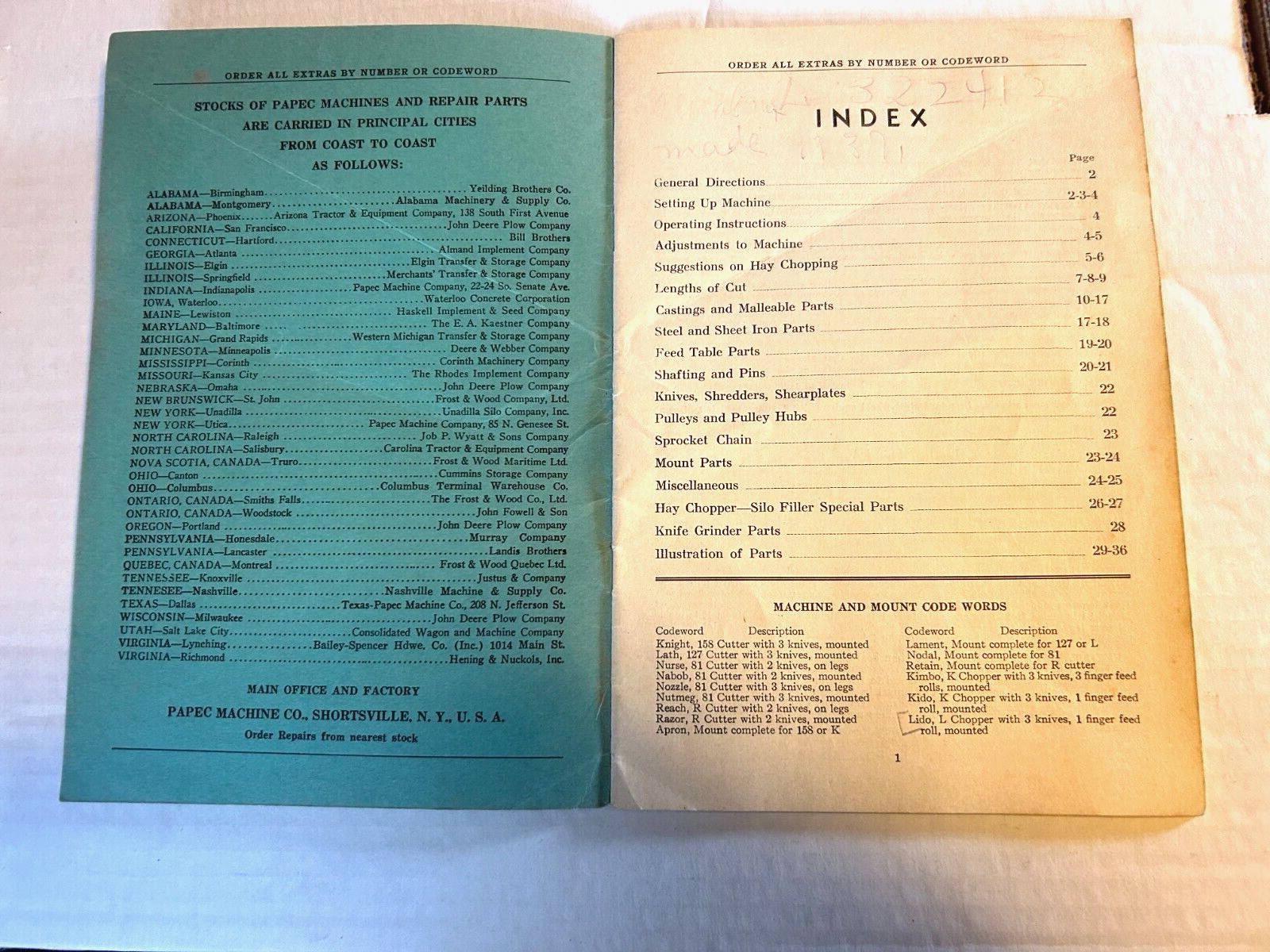 Vintage 1933 Papec Ensliage Cutters & Hay Chopper Directions & Operating Booklet