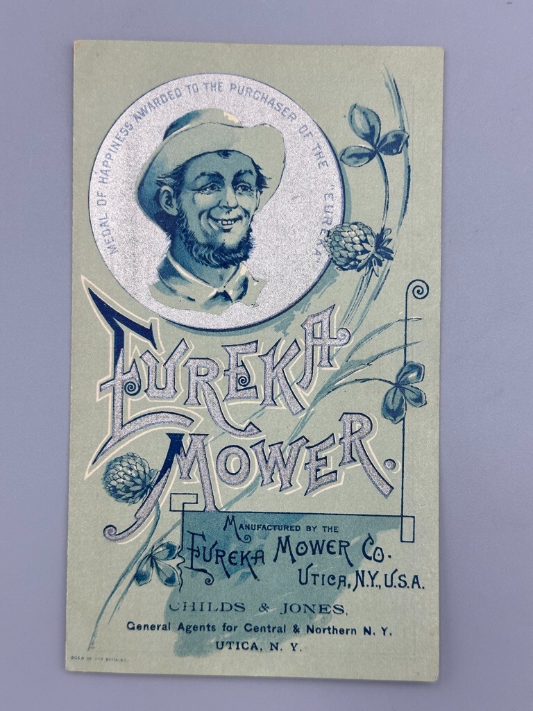 1890s EUREKA MOWER Victorian FARM Advertising Folding Trade Card UTICA NY