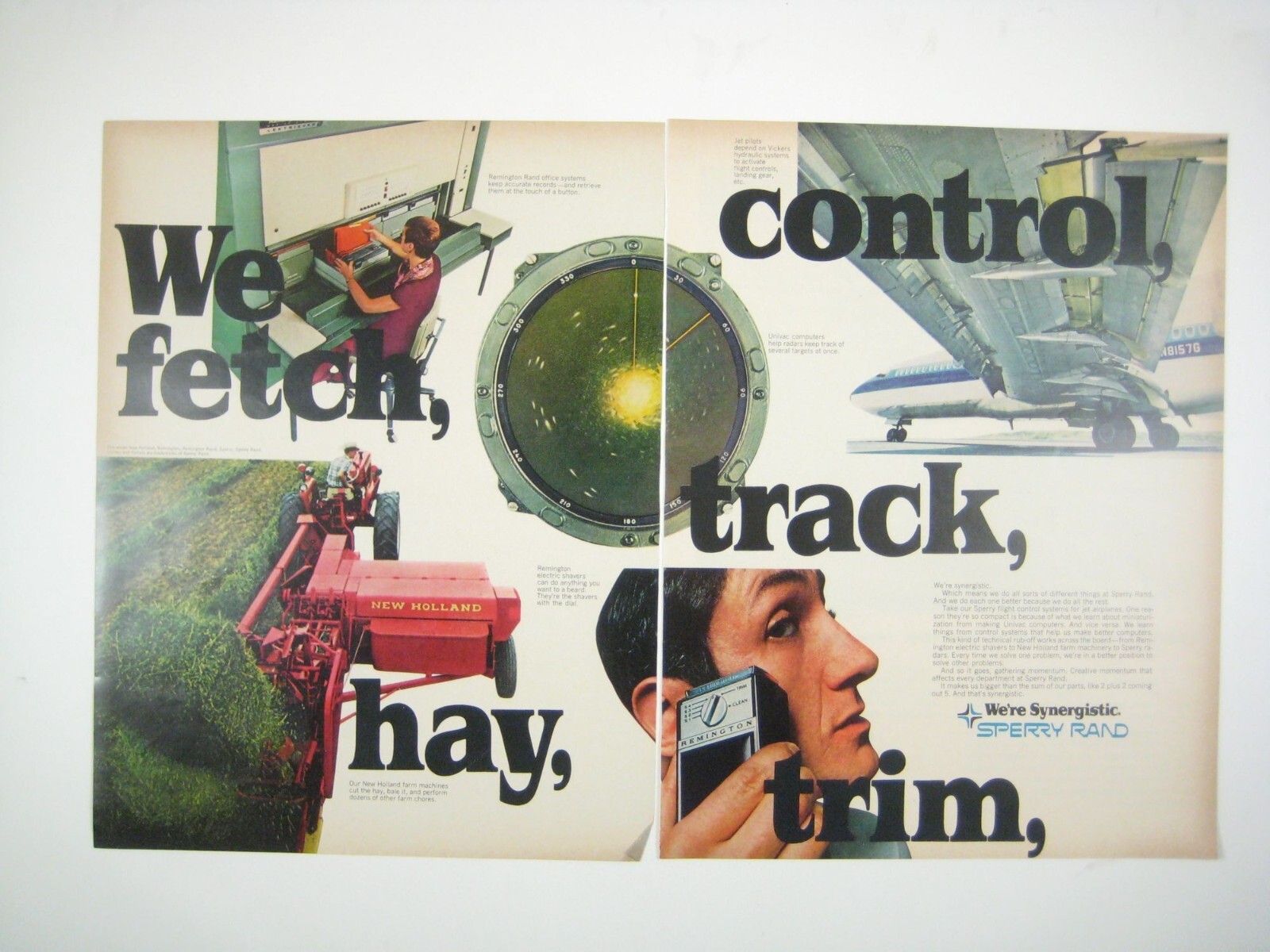 Vintage 1960s Sperry Rand 2 Page Print Ad Razor Airplane New Holland Tractor AD