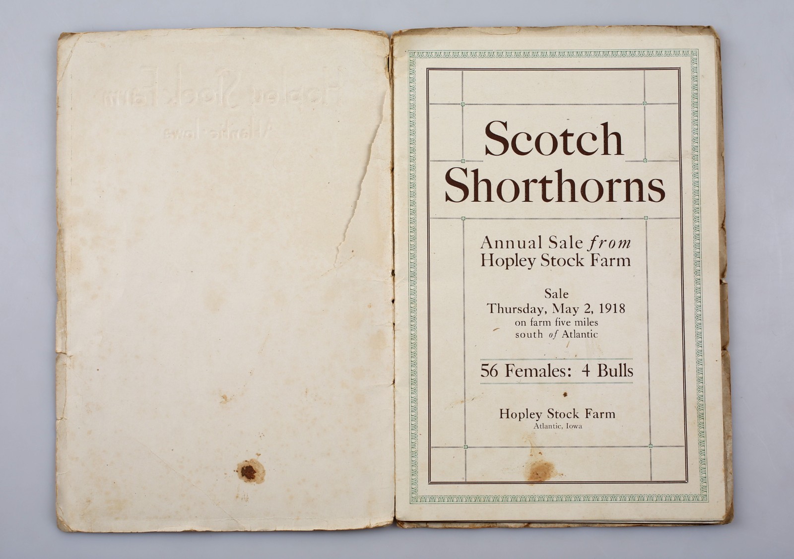 1918 Scotch Shorthorns Livestock Sale Catalog Hopley Stock Farm Atlantic Iowa