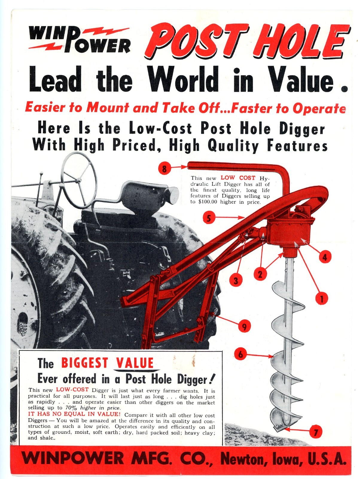 Win Power Post Hole Digger 1956 sales Brochure Winpower Mfg Co. Newton Iowa