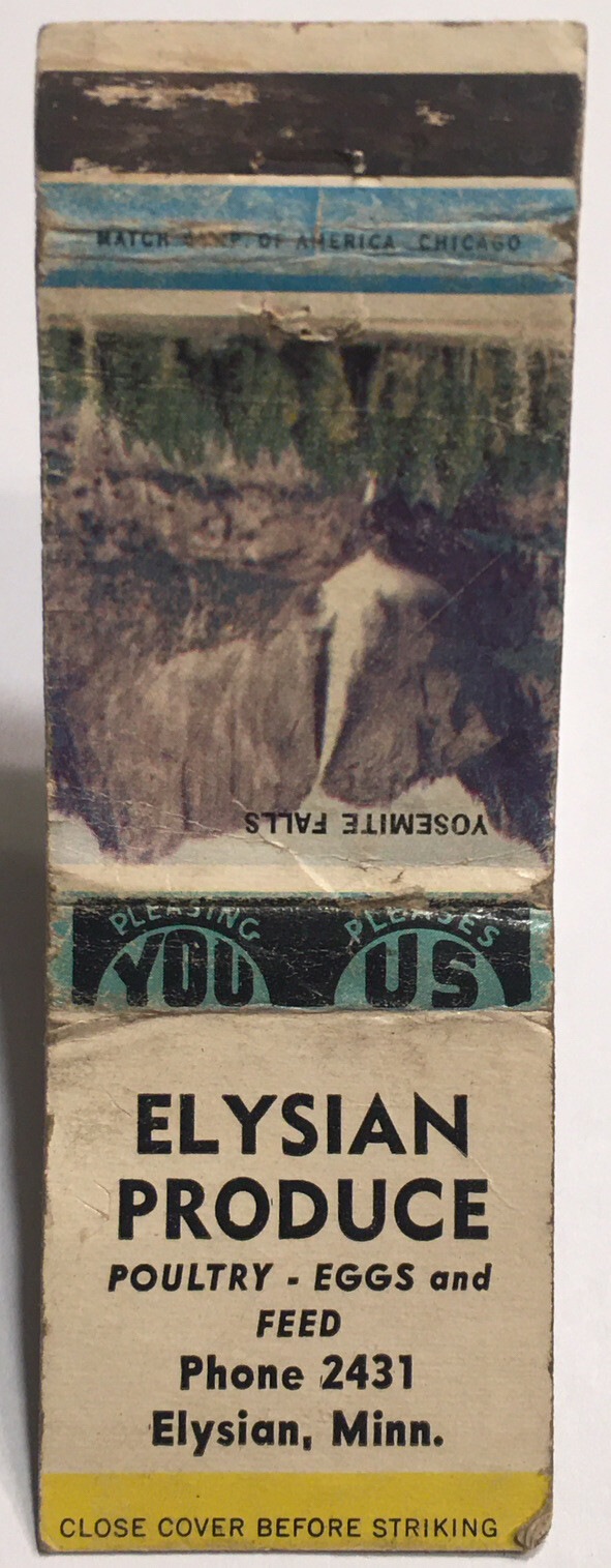 Old Matchbook Cover Elysian Produce Poultry-Eggs & Feed Elysian Minnesota! d1105