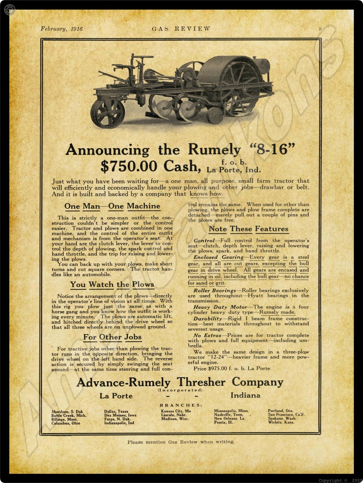 1916 Advance Rumely New Metal Sign: 8-16 Small Farm Tractor – La Porte, Indiana