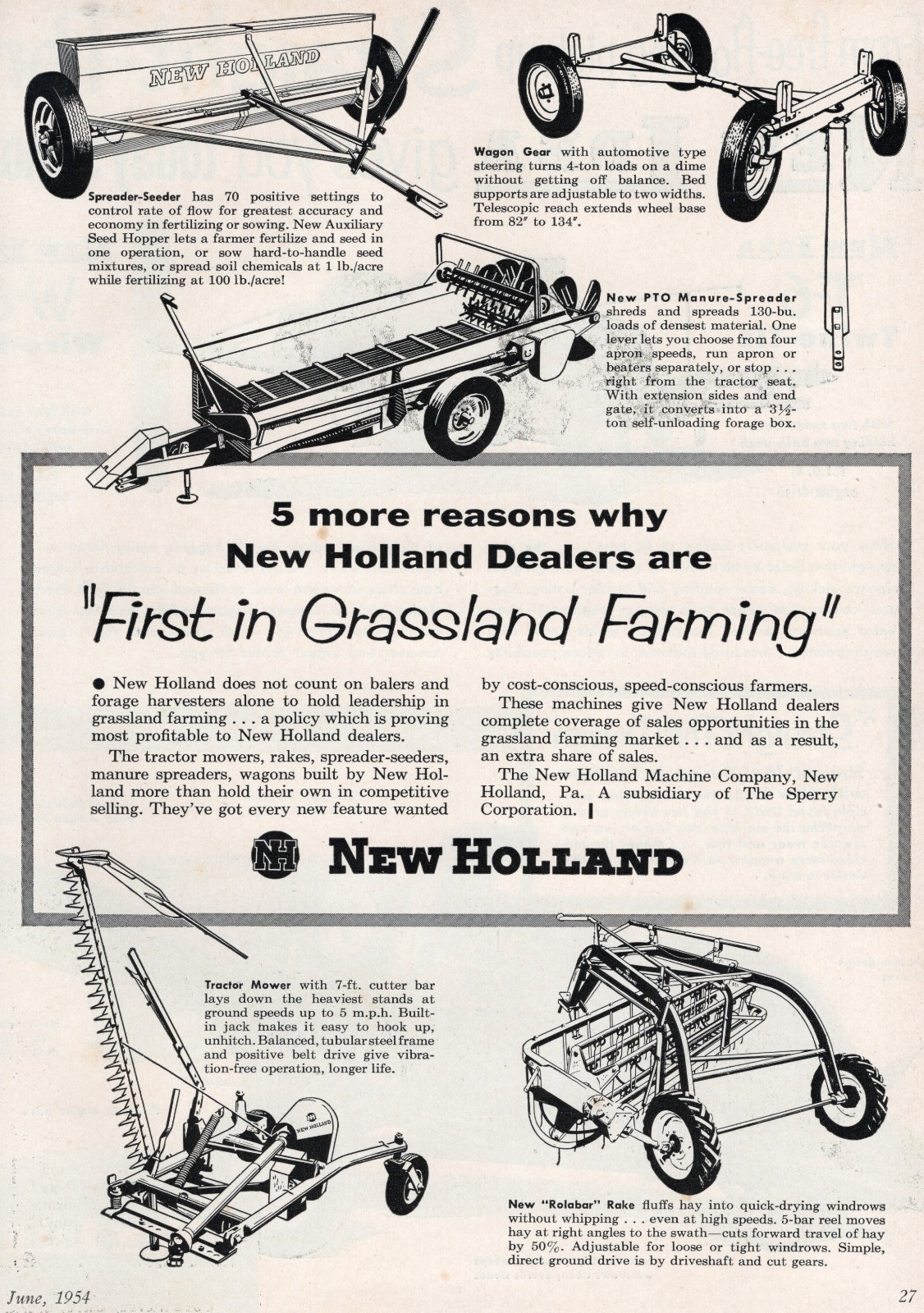 1954 Dealer Print Ad of New Holland NH Tractor Mower, Rake, Manure Spreader