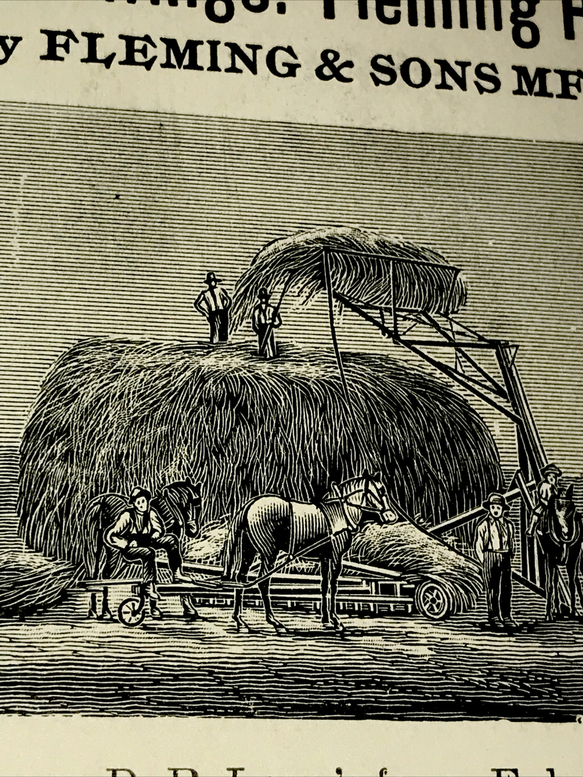 1905 Fleming Hay Stacker Farm Engraving Advertising – Huntsville – Missouri